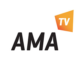 Logo AMA TV szkółki filmowej z pomarańczową ikoną telewizora
