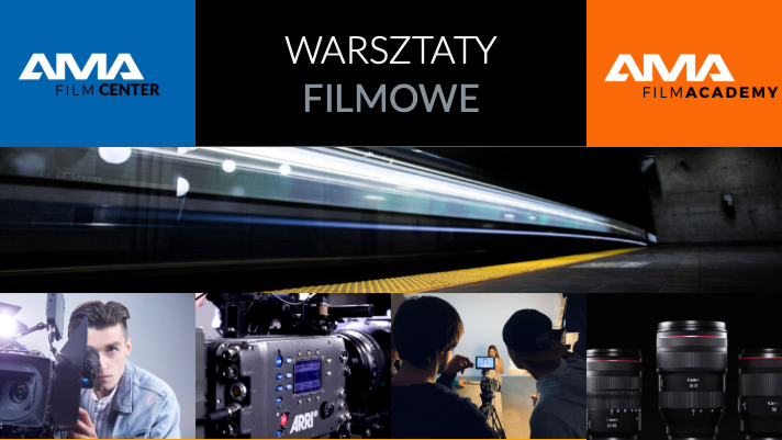 Warsztaty filmowe AMA Film Academy z sprzętem do produkcji filmowej i uczestnikami