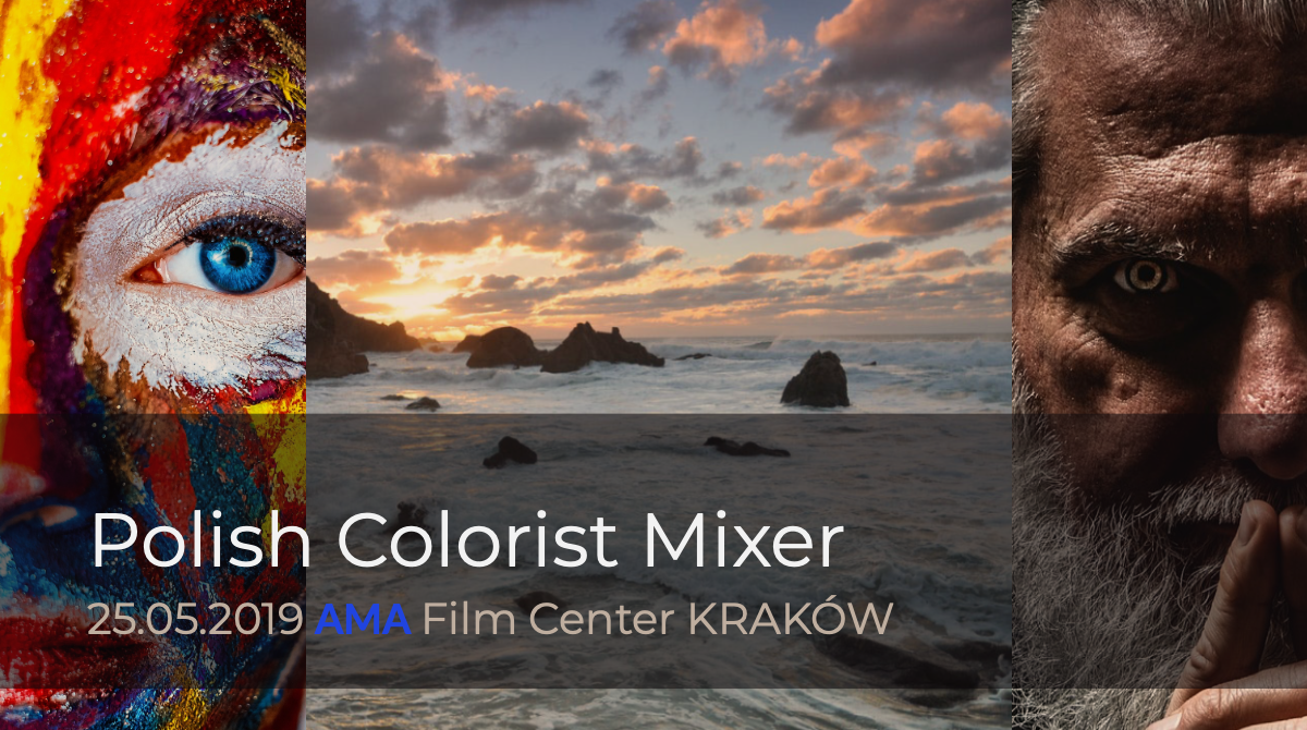 Polski Colorist Mixer event plakat z trzema obrazami i zachodem słońca