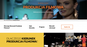 Strona kierunku Produkcja Filmowa z kobietą i informacjami o rekrutacji