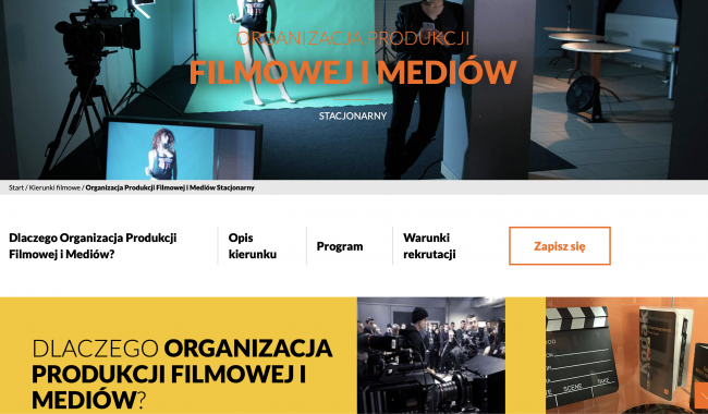 Strona główna szkoły filmowej AMA Film Academy z sekcją produkcji