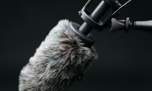 Profesjonalny mikrofon ze złotą ochroną akustyczną w studio nagrań