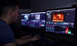 Edytor pracuje przy monitorach w studiu postprodukcji filmowej i muzycznej