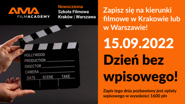 Plakat szkoły filmowej AMA Film Academy zapraszający na dzień bez wpisowego