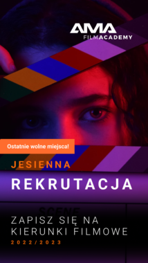 Plakat rekrutacyjny AMA Film Academy z portratem twarzy i kolorowymi geometrycznymi kształtami