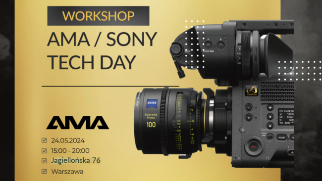 Plakat warsztatów Sony i AMA Film Academy z profesjonalnym sprzętem filmowym