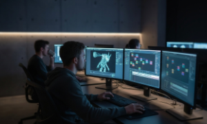 Dwóch studentów pracuje przy stanowisku montażu filmowego z wieloma monitorami