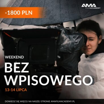 Mężczyzna z kamerą filmową, promocja weekendu bez wpisowego w szkole filmowej