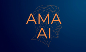 Logo AMA AI z pomarańczowym napisem na niebieskim tle
