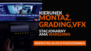 Stanowisko montażu wideo z monitorem i klawiaturą, rekrutacja do szkoły AMA