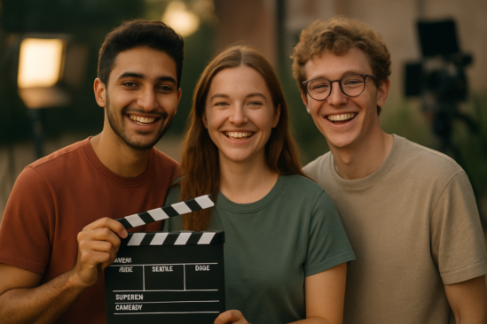 Trzej uśmiechnięci studenci trzymają klaps filmowy podczas produkcji