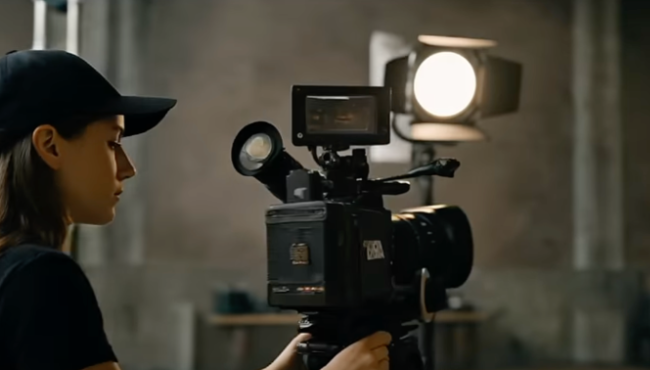Kamerzysta z kamerą filmową i oświetleniem na planie zdjęciowym