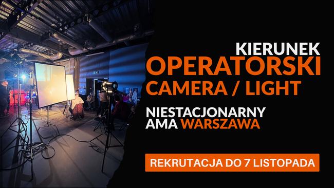 Profesjonalny studio filmowy z oświetleniem i sprzętem kamerowym do nauki operatorstwa