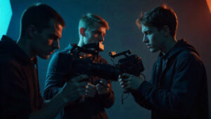 Trzaj mężczyźni pracują z profesjonalnym sprzętem filmowym w studiach oświetlonych niebieskim światłem