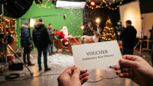 Ręce trzymające voucher na kursie filmowym w studiu z dekoracją świąteczną