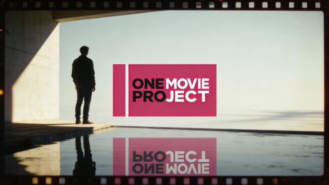 Osoba stojąca przed ekranem z logiem One Movie Project