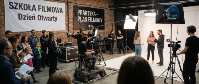 Szkoła filmowa podczas dnia otwartego, demonstracja sprzętu filmowego i prezentacja praktyki