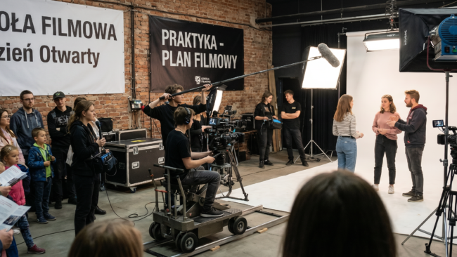 Szkoła filmowa podczas dnia otwartego, demonstracja sprzętu filmowego i prezentacja praktyki