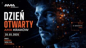 Plakat Dnia Otwartego AMA Kraków z twarzą mężczyzny i efektami cyfrowymi AI