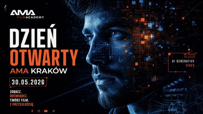 Plakat Dnia Otwartego AMA Kraków z twarzą mężczyzny i efektami cyfrowymi AI