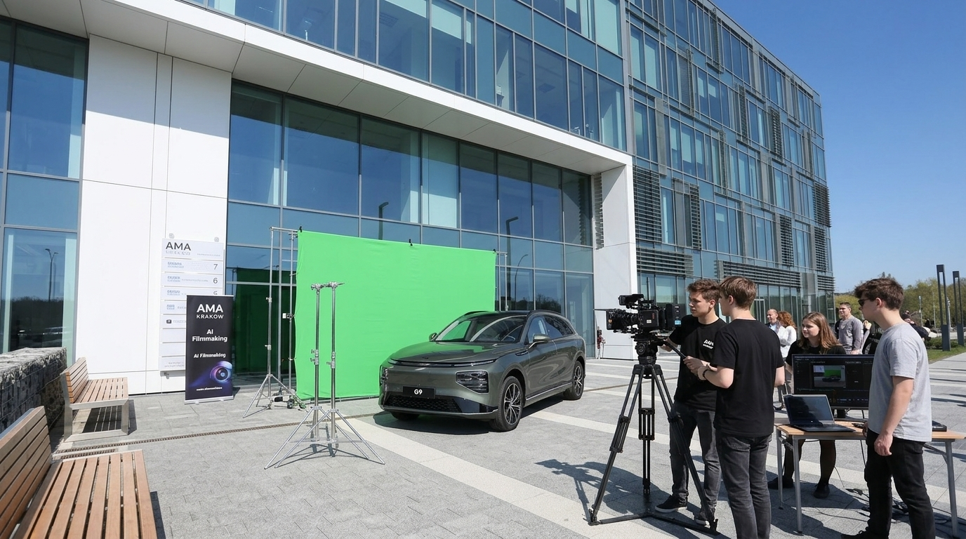 Kurs filmowy przy nowoczesnym budynku z czarnym samochodem i ekipą kamerową