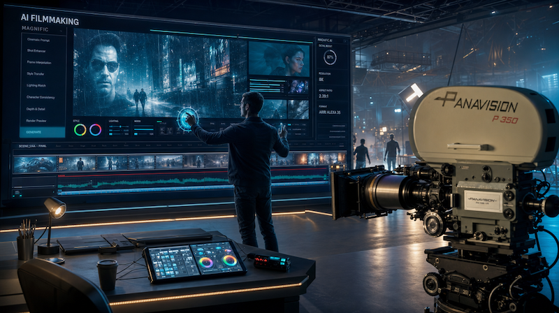 mężczyzna przed wielkim ekranem z Filmem. AI i interfejsem jak Magnific, za nim w studio wielka kamera filmowa na taśmę filmową 35 mm Panavision