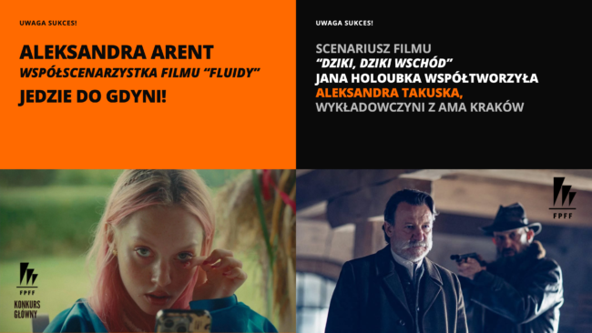 Kolaż składający się z dwóch pomarańczowych i dwóch czarnych paneli, podkreślający osiągnięcia filmowe Aleksandry Arent i Aleksandry Takuskiej, zawierający zdjęcia kobiety robiącej zdjęcie oraz dwóch osób na planie filmowym, z których jedna celuje z broni. Projekt zwraca uwagę na wyjątkowe osiągnięcia AMA w dziedzinie sztuki filmowej.